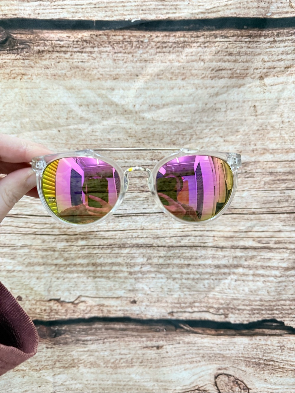 Clear Frame Sunglasses with Pink-Gold Mirrored Lenses